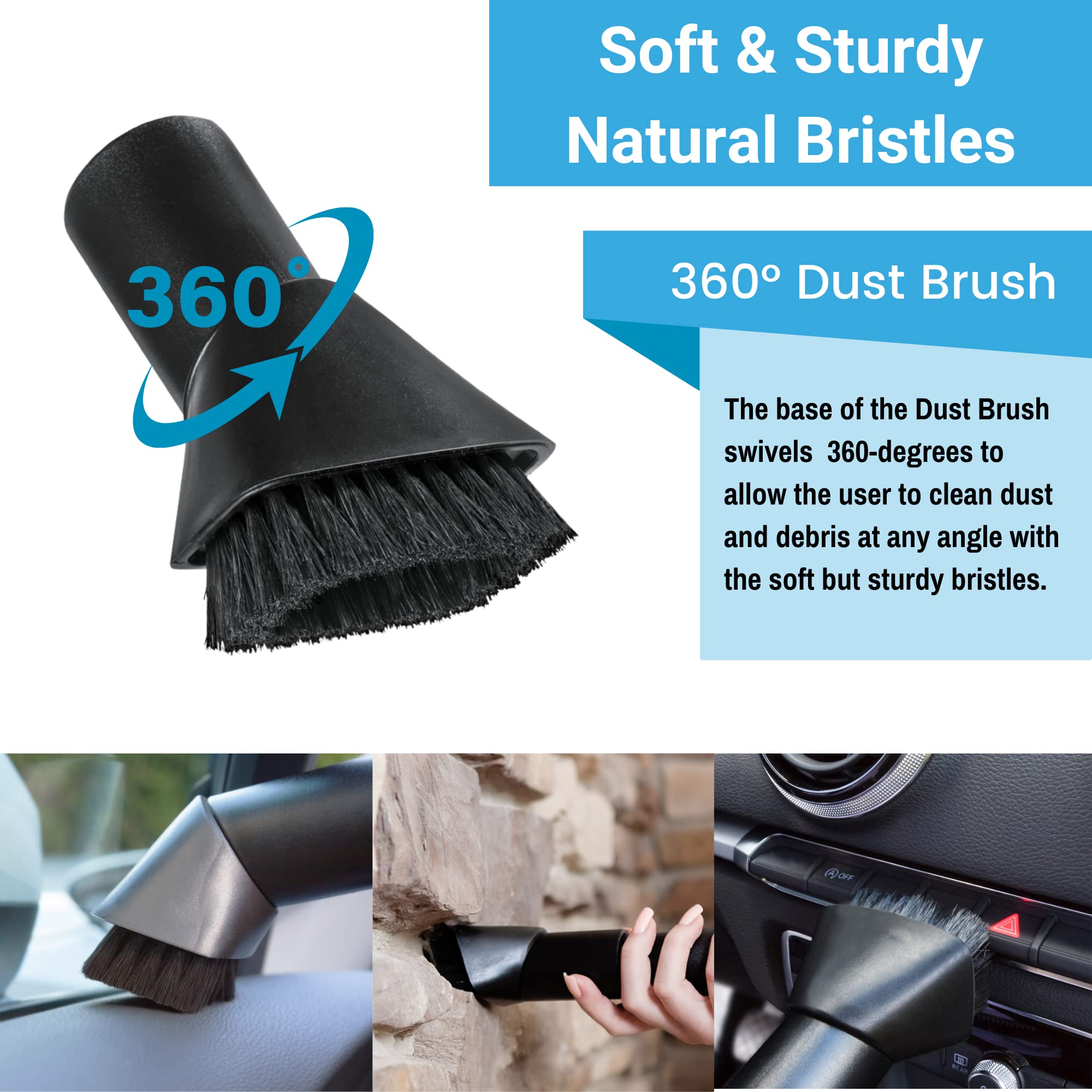 SP050 Vacuum Dust Brush Attachment - 1.25 inch (32mm) & 2.5 inch Dust Brush with 360° Rotatable Head for Home, Car, Furniture & Electronics Cleaning | Perfect for Hard-to-Reach Areas & Delicate Surfaces