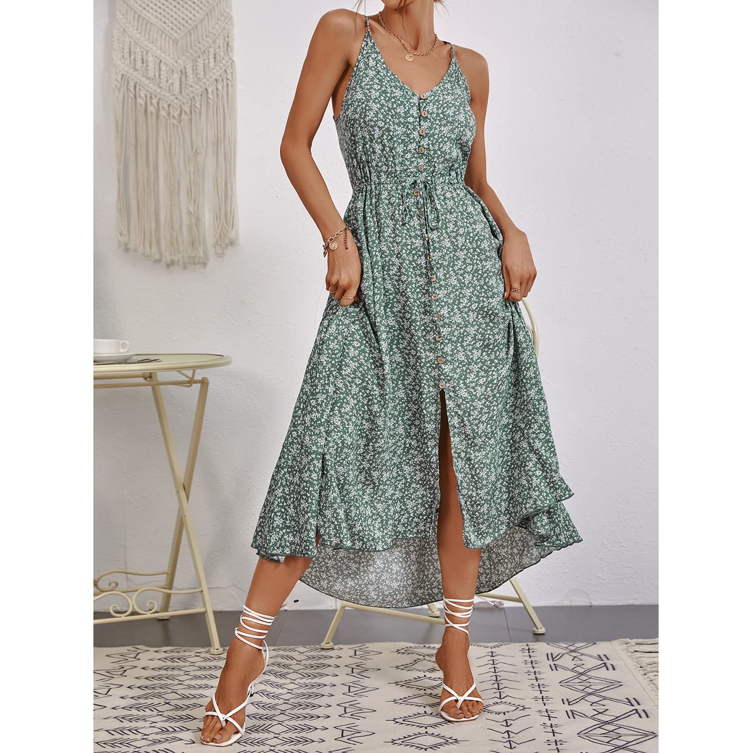 BROVAVE Women's 2025 Summer Casual Boho Sundress - Polka Dot Spaghetti Strap V-Neck Flowy Midi Dress for Beach Vacation, Garden Party & Date Night