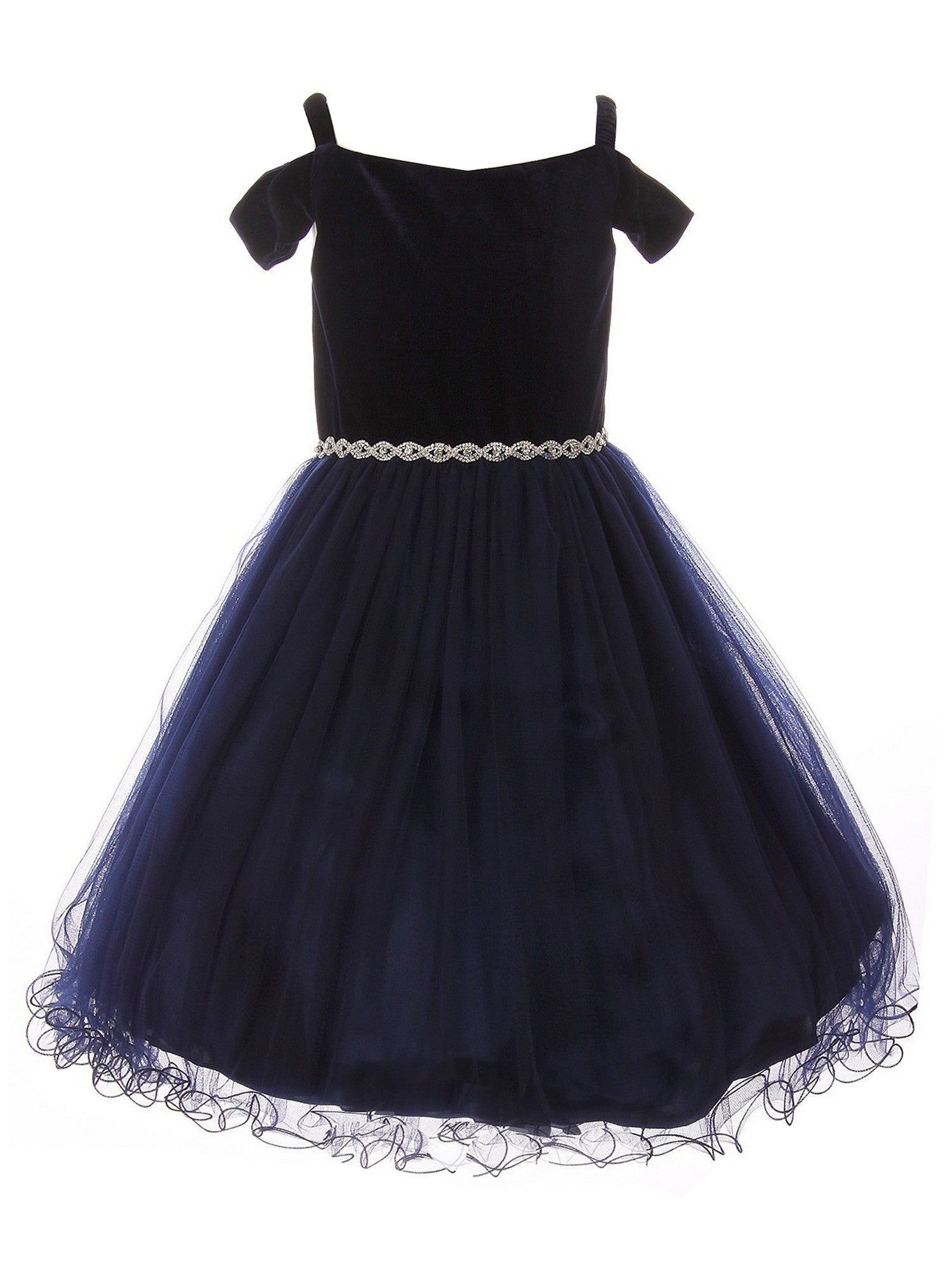 Navy Rhinestone Velvet Off-Shoulder Bridesmaid Dress for Girls Size 8-14 | Sparkling Formal Gown for Weddings, Prom, and Special Occasions