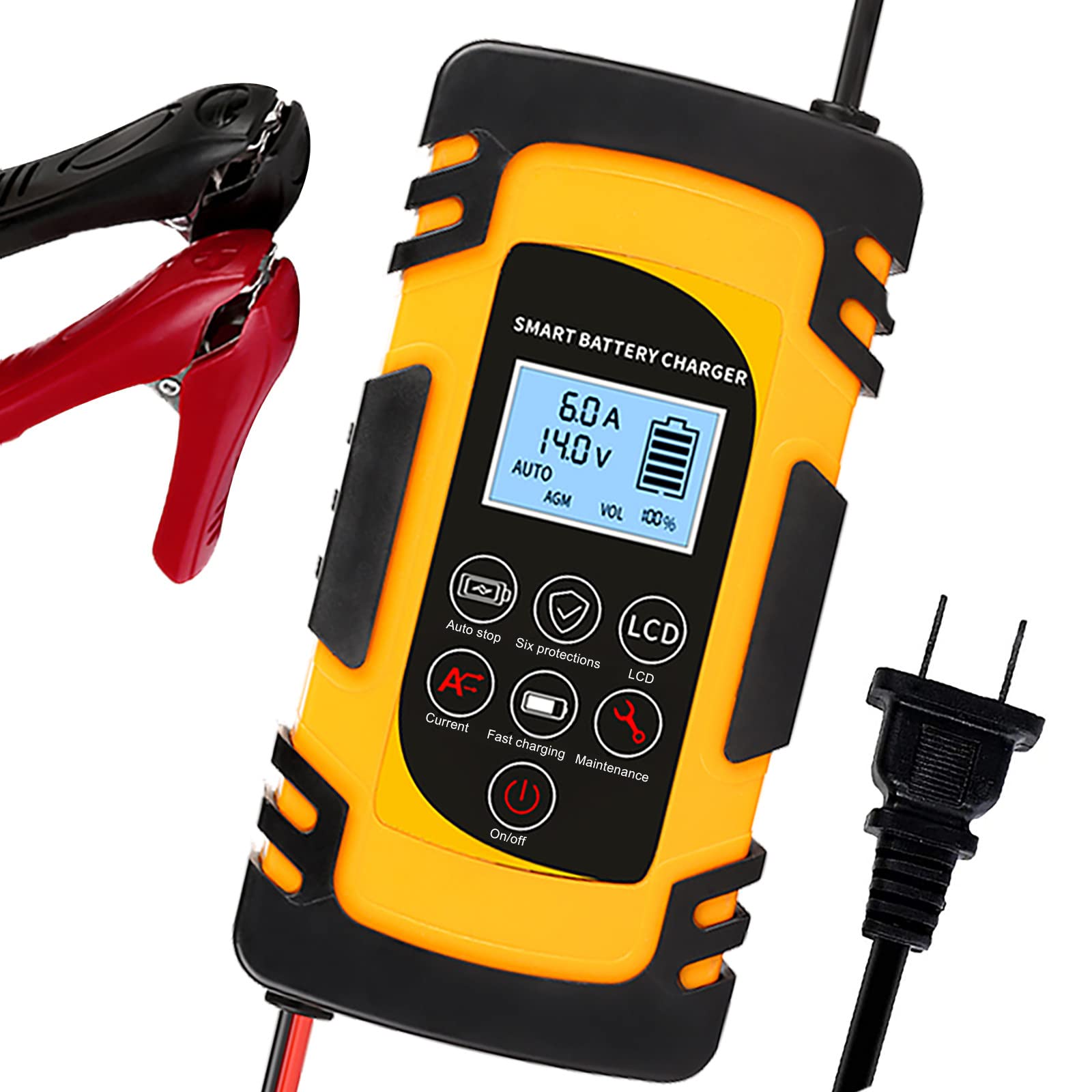 W-Lynn 12V 24V Smart Car Battery Charger - Intelligent Pulse Repair for Lead-Acid Batteries, Motorcycle, Forklift & Auto Maintenance (Yellow) | Perfect for Home Garage, Roadside Emergencies & Vehicle Maintenance