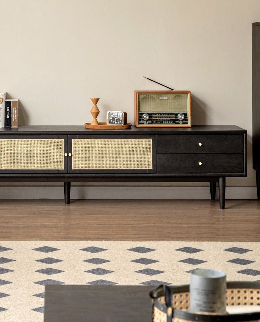 Solid Oak Wood Rattan TV Stand with 4 Drawers - Smoked Finish for Living Room, Bedroom & Home Theater Storage
