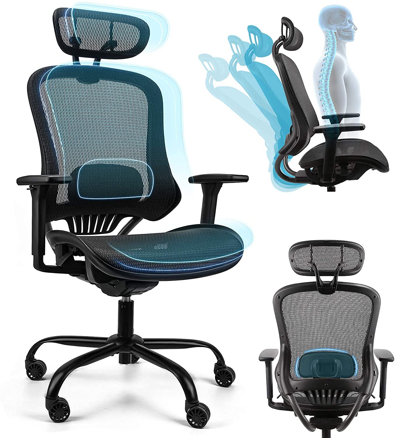 Komene Ergonomic Office Chair - Adjustable High Back Mesh Computer Desk Chair with 3D Armrests & Lumbar Support - Swivel Drafting Chair for Home & Office (Black) - Perfect for Long Work Hours & Gaming Sessions