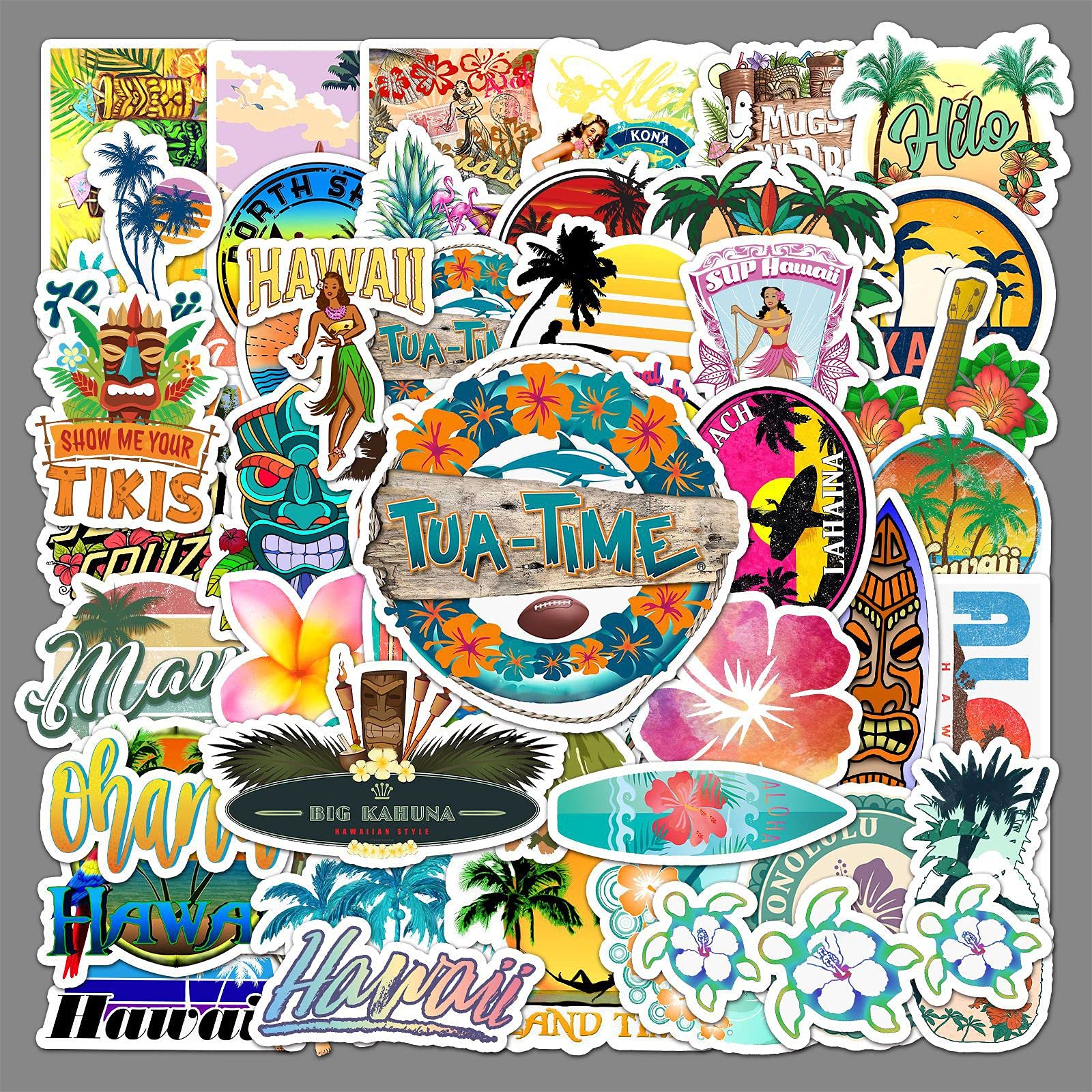 50 PCS Hawaiian Themed Stickers - Waterproof Vinyl Decals for Skateboards, Water Bottles, Cars, Laptops, Motorcycles & Luggage - Tropical Island Decor for Teens & Adults - Perfect for DIY Projects, Travel Gear & Personalizing Belongings