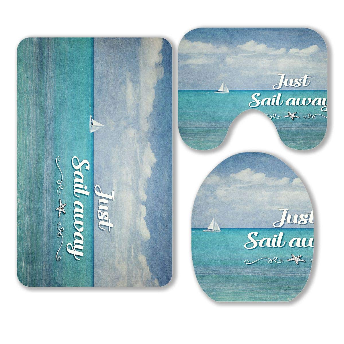 ABPHQTO Inspirational Quote 'Just Sail Away' 3-Piece Bathroom Rug Set - Non-Slip Contour Mat & Toilet Lid Cover - Coastal Decor for Nautical Themed Bathrooms