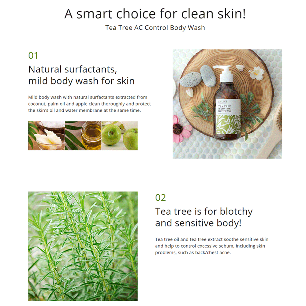 BONAJOUR Tea Tree AC Control Body Wash 300ml - Anti-Acne & Oil Control for Clear Skin - Perfect for Daily Shower & Post-Workout Cleansing