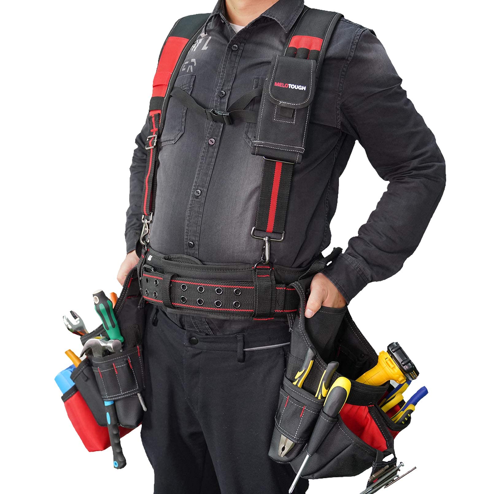 MELOTOUGH Pro Framer Combo System - Heavy Duty Magnetic Tool Pouch with Adjustable Carpenter Tool Belt & Multi-Function Suspenders (Red) | Perfect for Construction, Carpentry & DIY Projects
