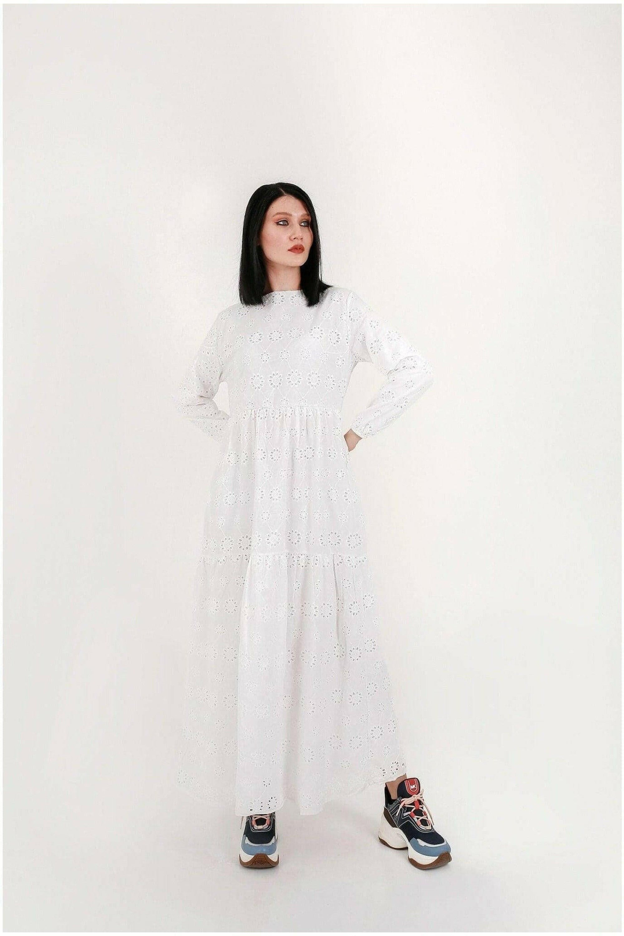 White Cotton Sienna Midi Dress - Women's Casual Summer Dress with Short Sleeves | Perfect for Beach, Vacation, and Everyday Wear