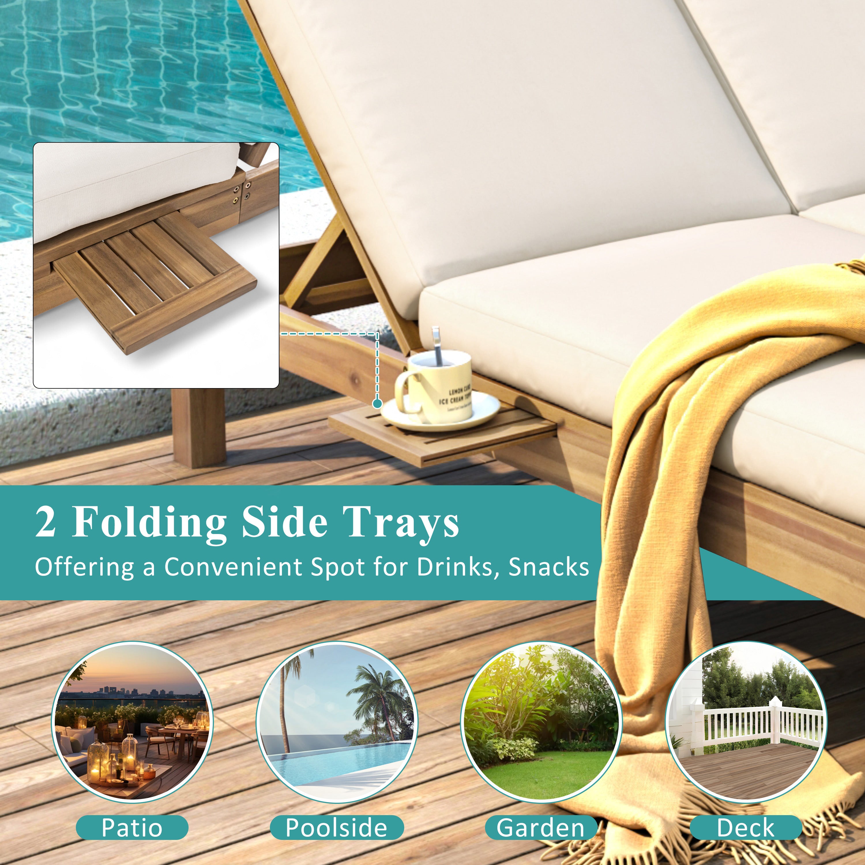 5-Position Adjustable Backrest Outdoor Chaise Lounge Daybed with Cushion & Folding Side Trays - Patio Poolside Garden Furniture for 2 People - Perfect for Sunbathing, Relaxing by the Pool or Backyard Lounging
