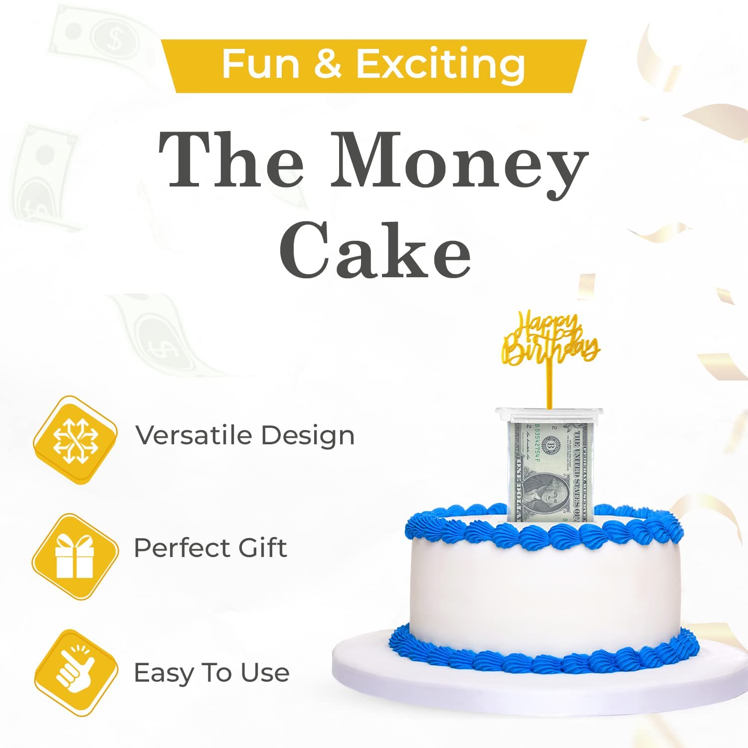 Money Cake Pull Out Kit - Includes 1 Money Box, 2 Plastic Rolls, 40 Transparent Bags & 2 Surprise Cake Toppers for Birthday & Graduation Parties - Perfect for Cash Gifts at Celebrations, Baby Showers, and Special Events