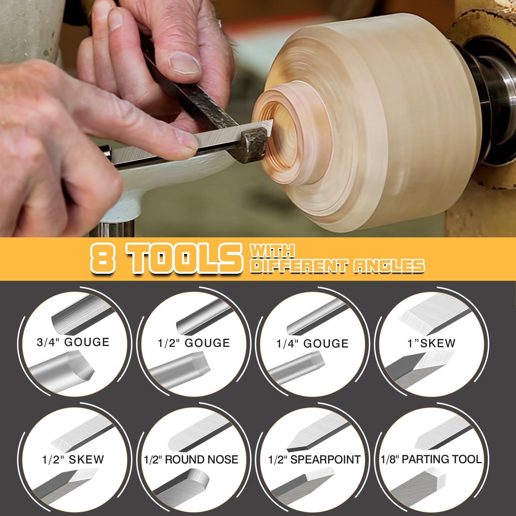 8-Piece Wood Lathe Chisel Set - Professional & Beginner Woodworking Tools for Turning, Carving & Shaping - Perfect for DIY Projects, Furniture Making & Crafting