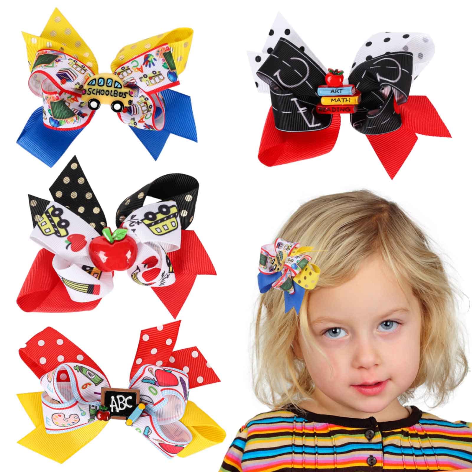 Whaline 4Pcs Colorful Back to School Hair Clips - Apple, School Bus & Blackboard Grosgrain Ribbon Barrettes for Girls | First Day of School, Kindergarten & Classroom Accessories | Perfect for School Photos, Parties & Everyday Wear