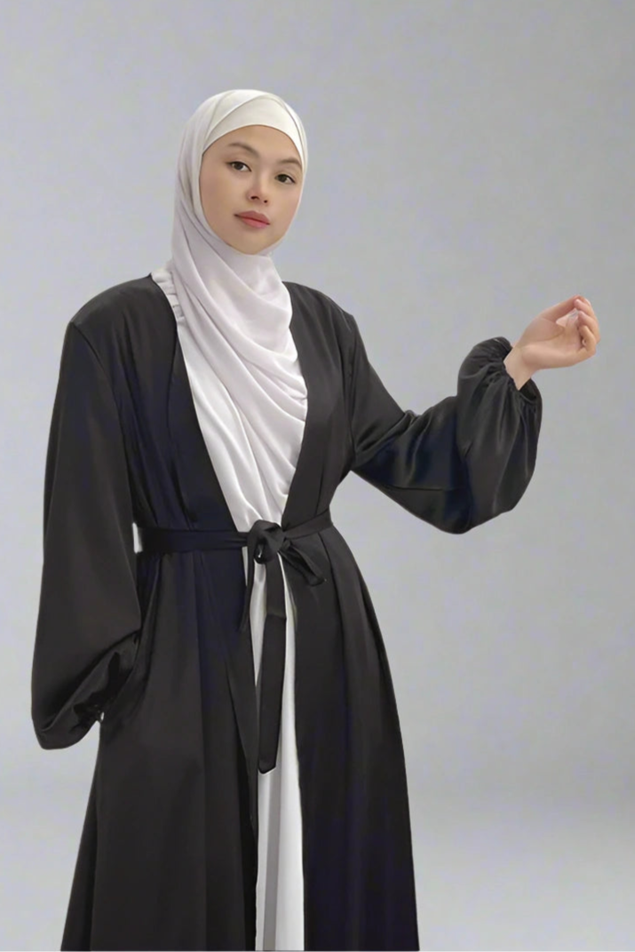 Elegant Puff Sleeve Satin Open Abaya Dress for Muslim Women - Modest Islamic Prayer Dress for Eid, Wedding & Special Occasions