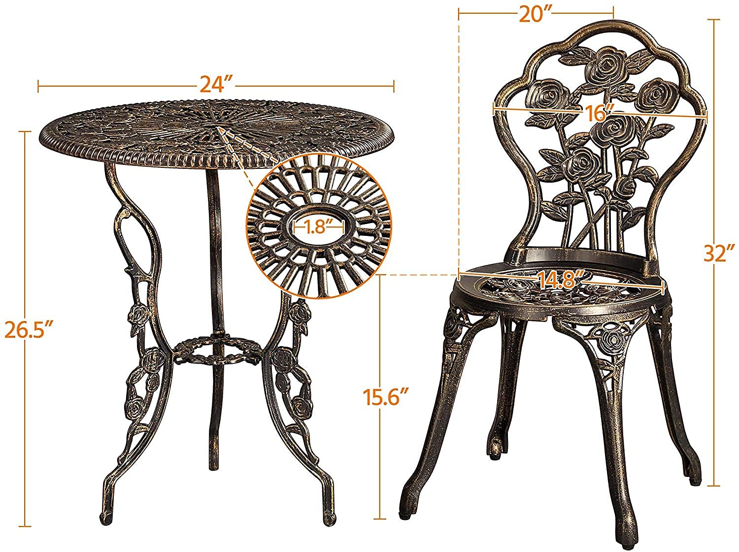 3-Piece Outdoor Bistro Set with Rose Pattern - 1 Table & 2 Chairs, Aluminum & Cast Iron Patio Furniture for Garden, Backyard, Deck or Balcony