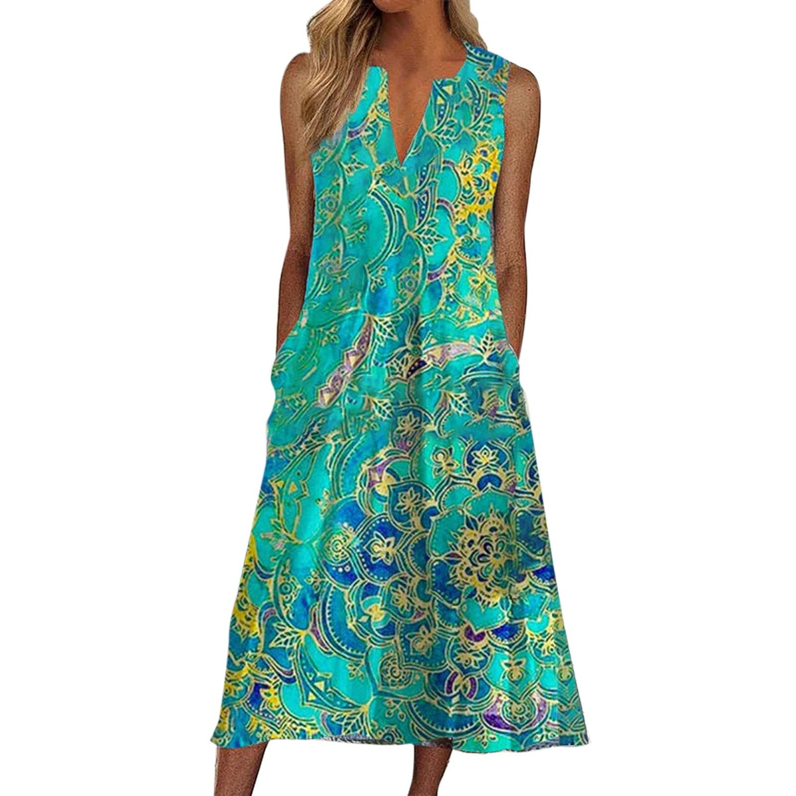 Bohemian Flowy Maxi Dress for Women - V Neck Sleeveless Summer Casual Long Dress for Wedding Guest, Beach Vacation & Outdoor Events