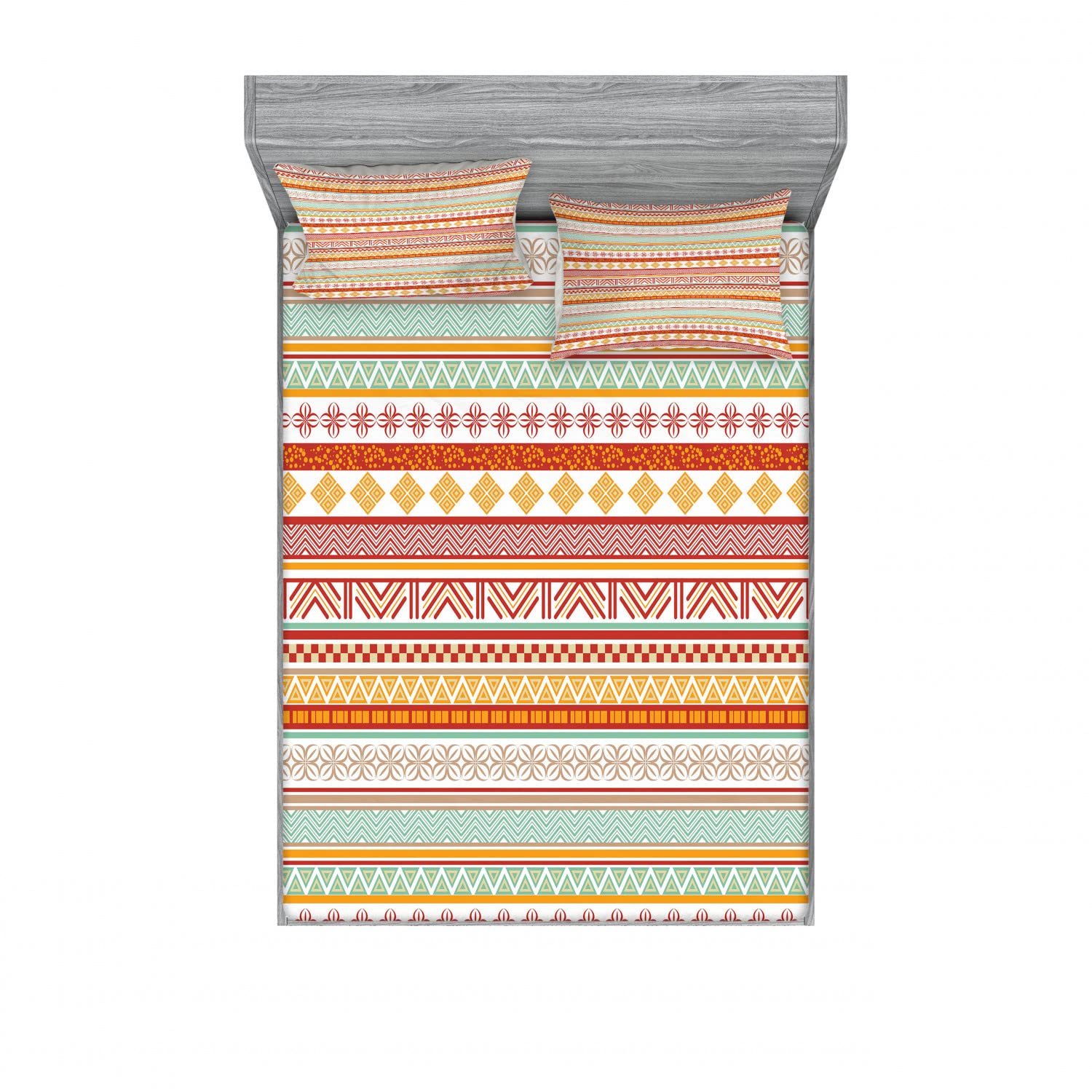 Ambesonne Tribal 2-Piece Queen Size Fitted Sheet Set with 4 Pillow Shams - Striped Bohemian Bedding in Marigold Red & Tan - Perfect for Guest Rooms, Dorm Decor & Bohemian Style Bedrooms
