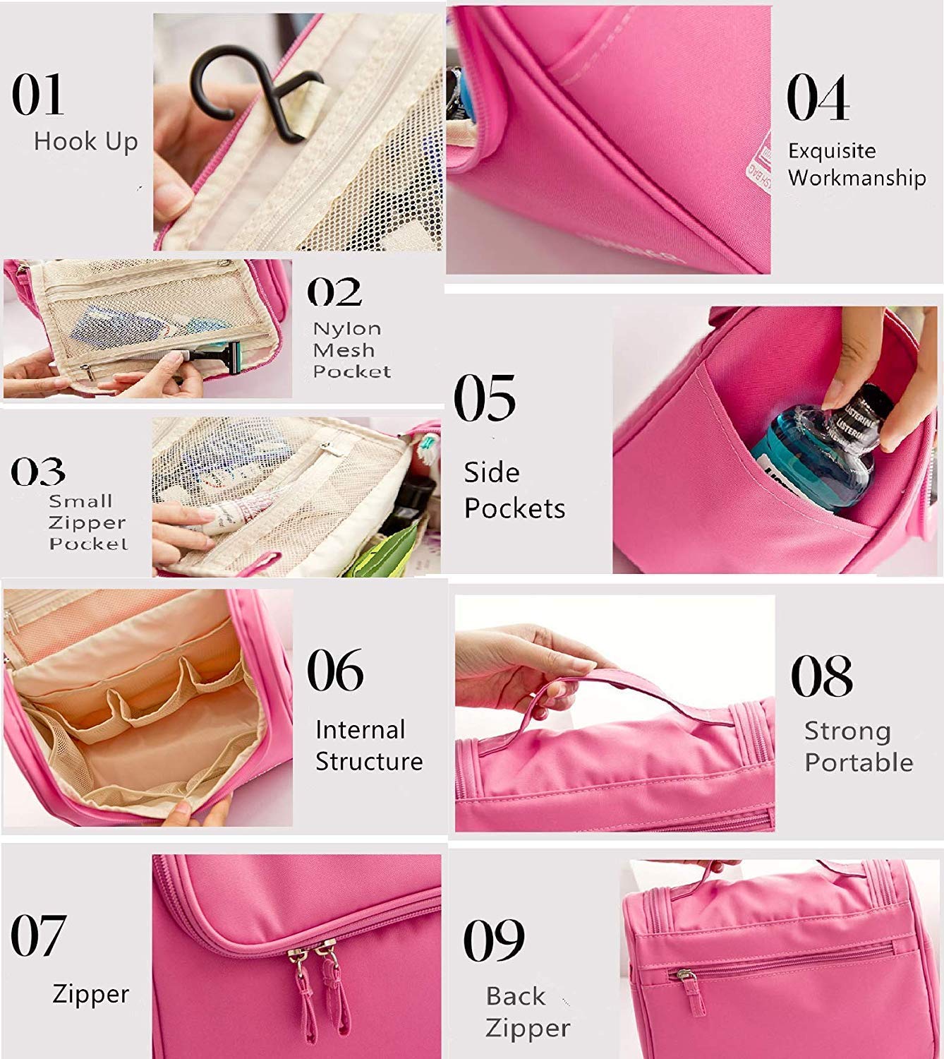 Double Layer Cosmetic Makeup Bag for Women - Waterproof Travel Toiletry Organizer with Hanging Hook | Perfect for Travel, Gym & Daily Use | Pink Makeup Brush Pouch & Grooming Kit (Pink)