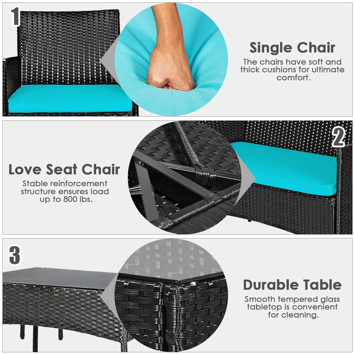 HAPPYGRILL 4-Piece Outdoor Patio Furniture Set - Rattan Wicker Conversation Sofa with Tempered Glass Top Table & Removable Cushions - Perfect for Poolside, Garden, Backyard, and Patio Relaxation