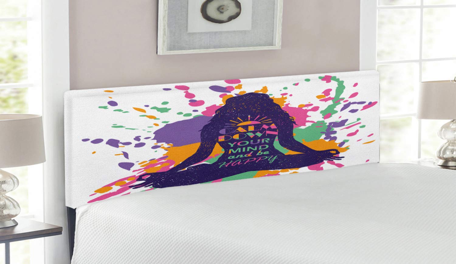 Ambesonne Modern Upholstered Headboard with Memory Foam - Yoga Girl Design & Inspirational Words for Bedroom Decor - Queen Size Multicolor Metal Bed Headboard - Perfect for Meditation Spaces & Serene Bedroom Retreats