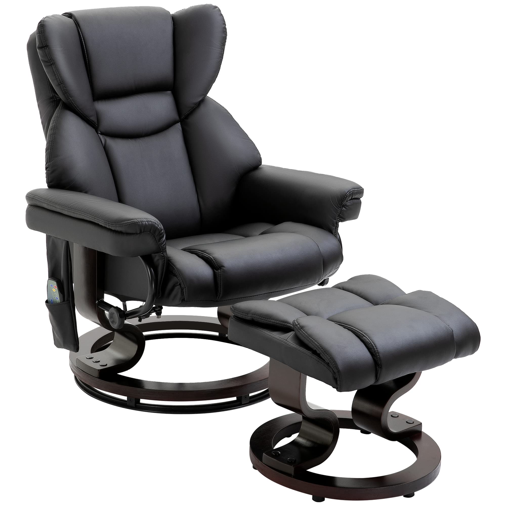HOMCOM Massage Recliner Chair with Ottoman Footrest - 10 Vibration Points, 360° Swivel Reclining Living Room Chair - Faux Leather with Side Pocket & Remote Control - Black - Perfect for Relaxation, Home Theater & Living Room Comfort