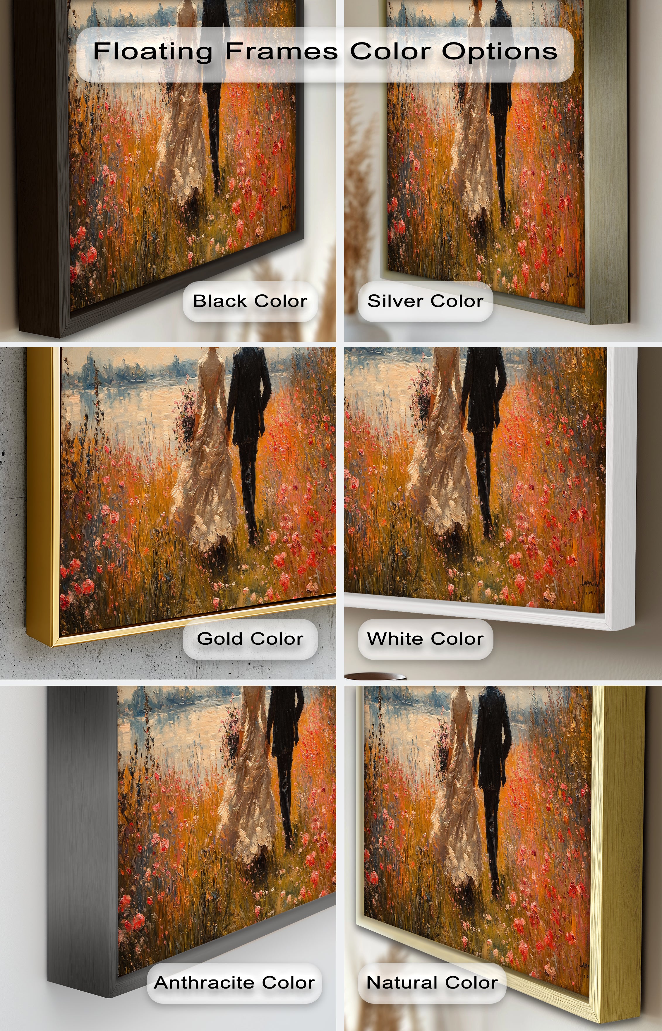 Impressionist Couple in Blooming Field Oil Painting - Romantic Wall Art for Living Room, Bedroom Decor - Perfect Gift for Anniversaries & Weddings