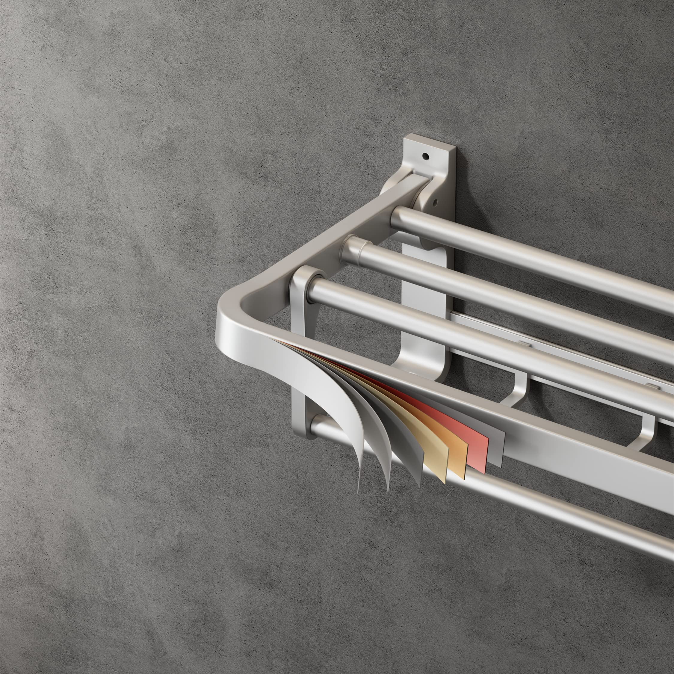VOLPONE 24 Inch Foldable Towel Rack with Adjustable Hooks - Rustproof Wall Mounted Bathroom Towel Holder & Shelf - Perfect for Bathroom, Lavatory, and Spa Organization (Silver)