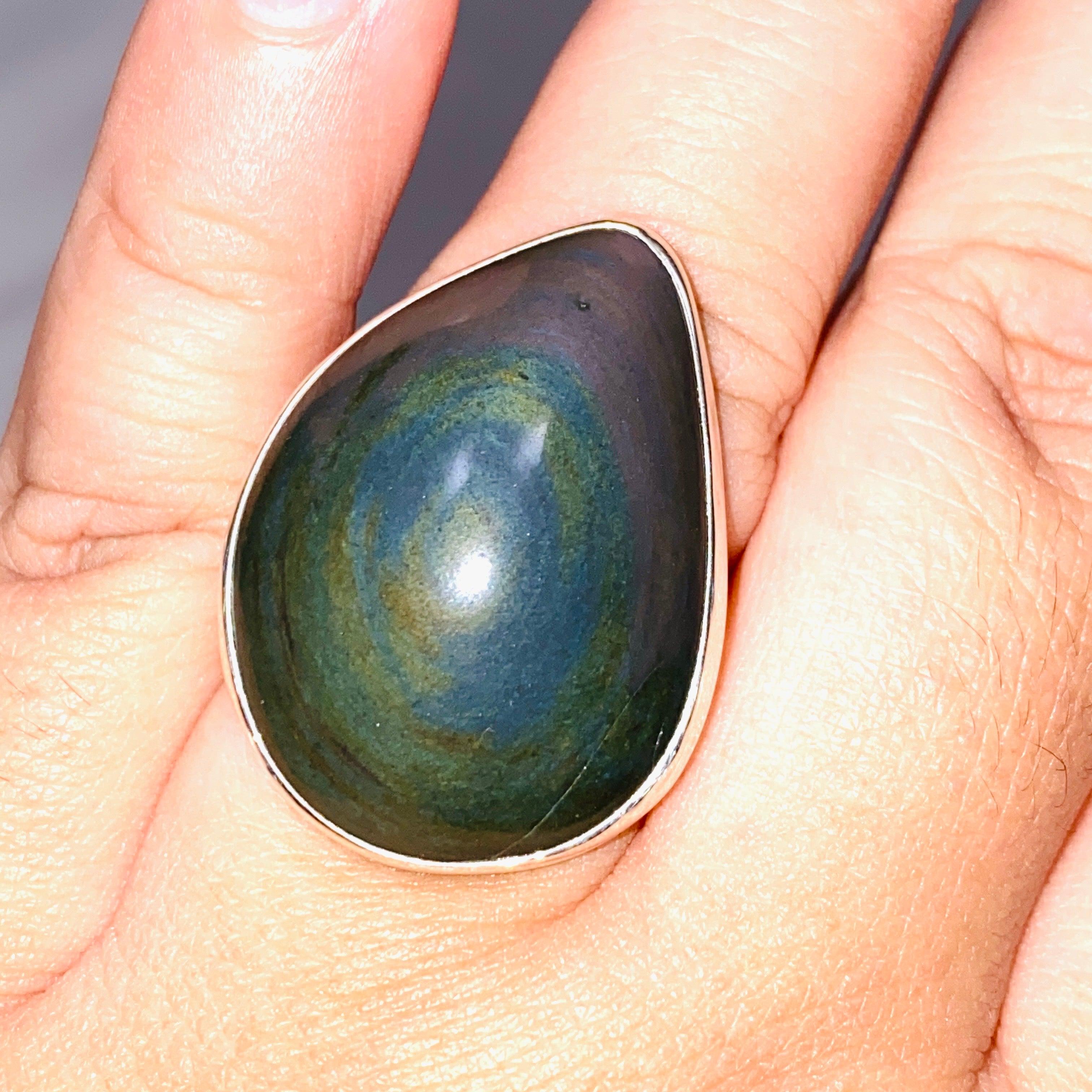 Rainbow Obsidian Freeform Ring - Size 11 - Handmade Sterling Silver Jewelry - KRGJ2812 - Perfect for Boho Fashion & Spiritual Healing