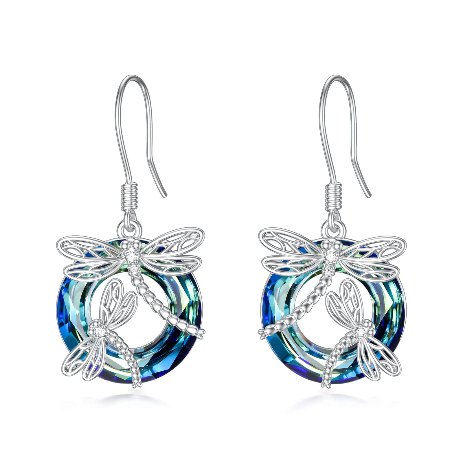 Sterling Silver Dragonfly Earrings with Crystal Circle Dangle Drop – Elegant Jewelry Gift for Women, Mom, Birthday, Christmas – Perfect for Parties, Weddings, and Everyday Wear
