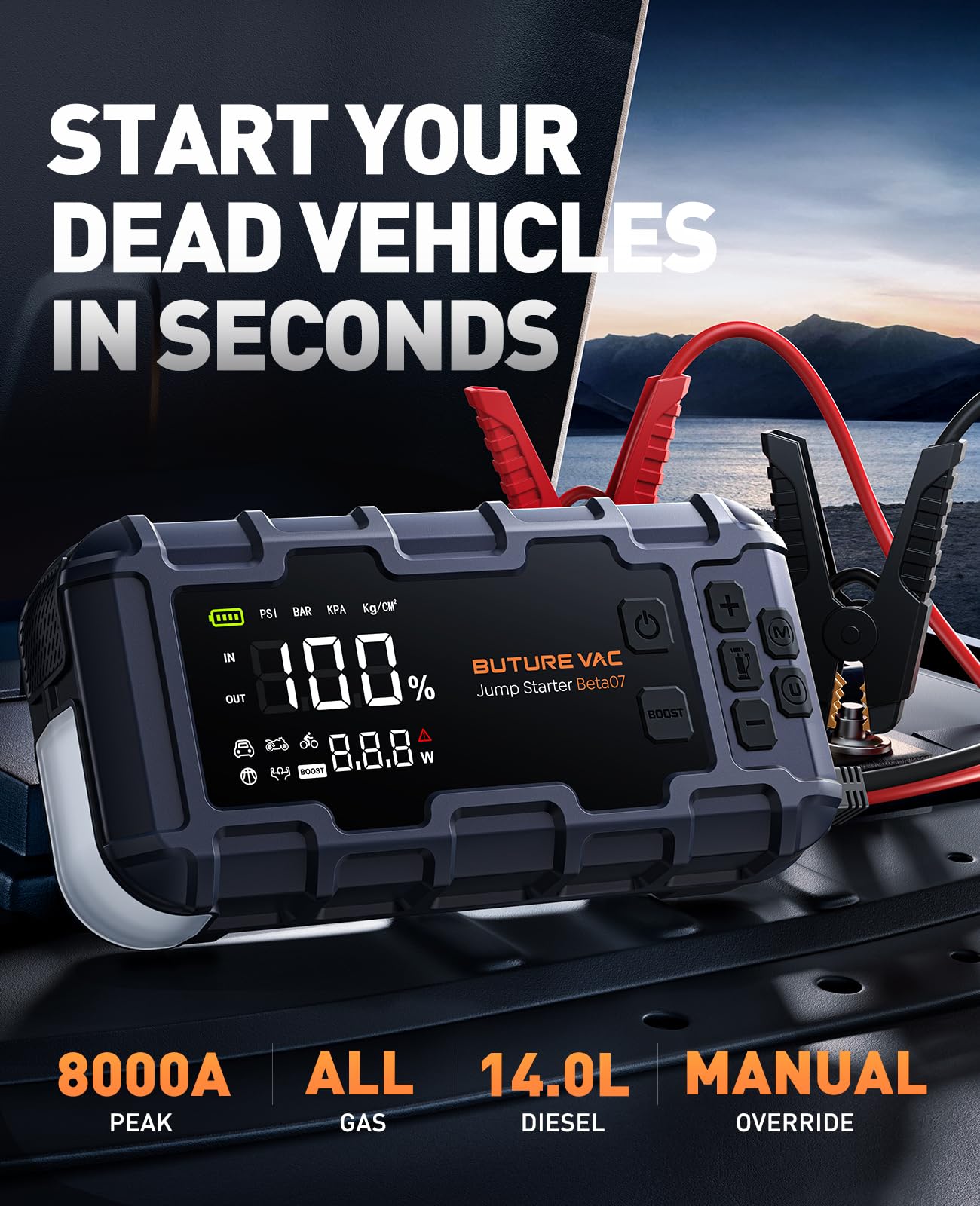 BUTUREVAC 10-in-1 8000A Car Battery Jump Starter with Air Compressor (160PSI) & 45W Fast Charger - Portable Power Pack for All Gas & 14L Diesel Vehicles - Includes Jumper Cables, LED Lights & Safety Gloves - Emergency Roadside Assistance & Camping Power Supply