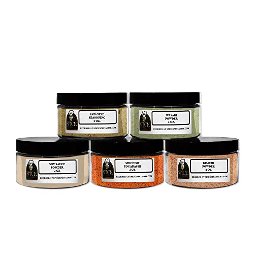 Premium Japanese Spice Gift Set - 5 Authentic Spice Jars (Soy Sauce, Japanese Seasoning Powder, Kimchee Powder, Shichimi Togarashi) - Perfect for Sushi, Ramen & Asian Cooking at Home