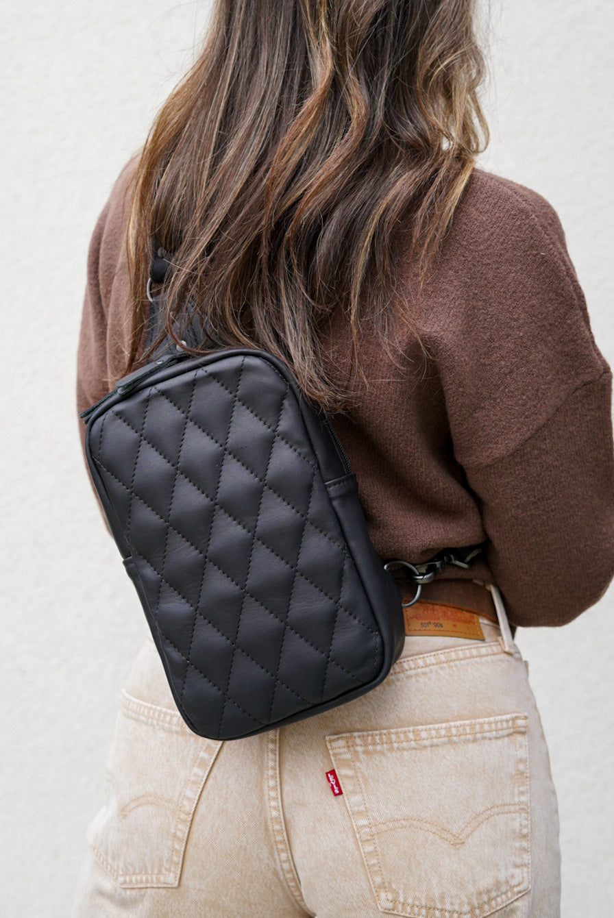 Diamond Stitch Sling Bag - Flat Black Crossbody Bag for Men & Women | Perfect for Travel, Gym & Everyday Use