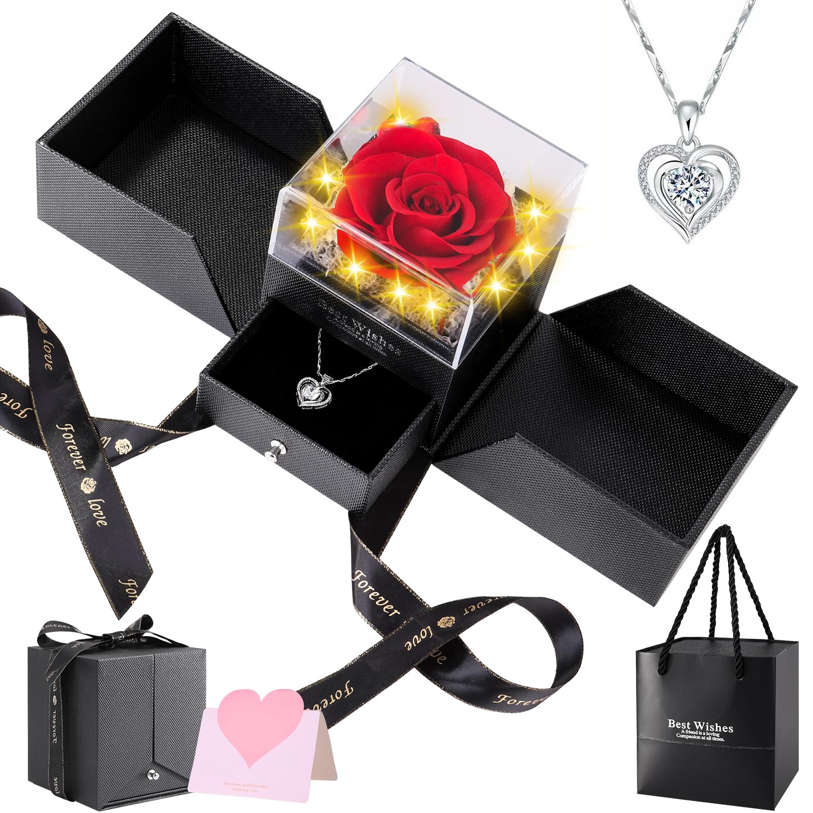 Eternal Preserved Rose Necklace Gift for Women - Real Forever Rose Jewelry for Mom, Wife, Girlfriend, Sister | Romantic Birthday, Anniversary, Valentine's Day, Mother's Day & Christmas Present (Heart Clear Box) - Perfect for Date Nights, Weddings & Special Occasions
