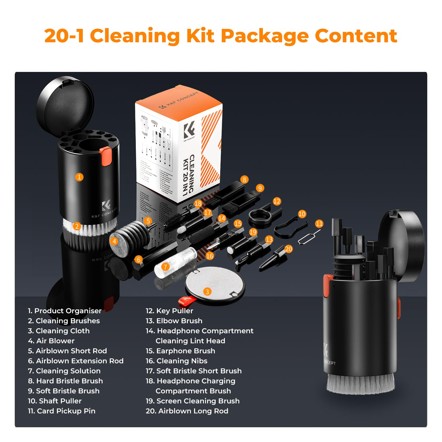 K&F Concept 20-in-1 Keyboard Cleaning Kit - Professional Laptop & Electronic Device Cleaner for iPhone, AirPods, MacBook, iPad, Camera, PC Monitor, Earbuds, TV & Tablet Screens - Perfect for Home, Office & Travel Use