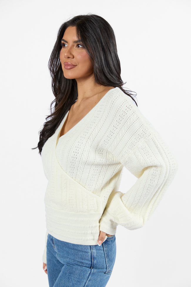 With Love Ivory Wrap Pointelle Sweater for Women - Cozy Knit Pullover for Fall & Winter - Perfect for Casual Outfits, Dates, and Office Wear