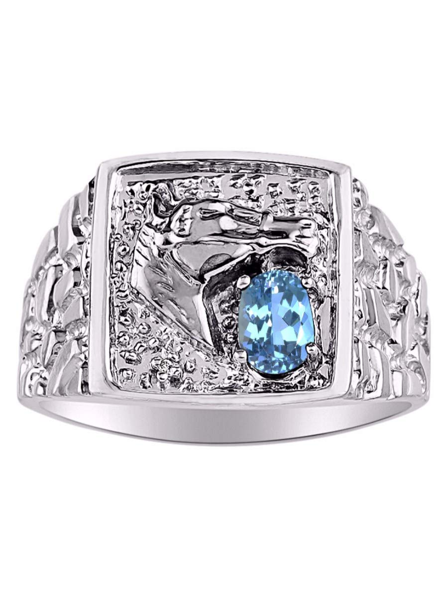 RYLOS Men's Sterling Silver Rings - Lucky Nugget Horse Head Design with 6X4MM Oval Blue Topaz Gemstone & Genuine Diamond - December Birthstone Jewelry for Men (Sizes 8-13) - Perfect for Gifts, Weddings & Special Occasions