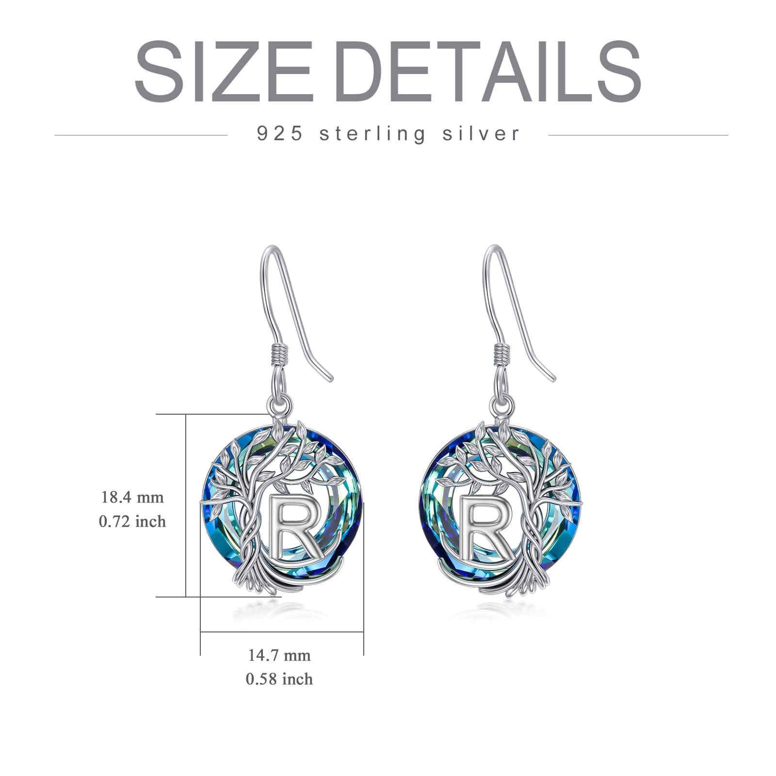 TOUPOP Tree of Life Initial Earrings - 925 Sterling Silver A-Z Letter Drop Dangle Earrings with Blue Circle Crystal, Valentine's Day, Anniversary & Birthday Gifts for Women, Girlfriend & Mom | Perfect for Date Nights, Weddings & Special Occasions