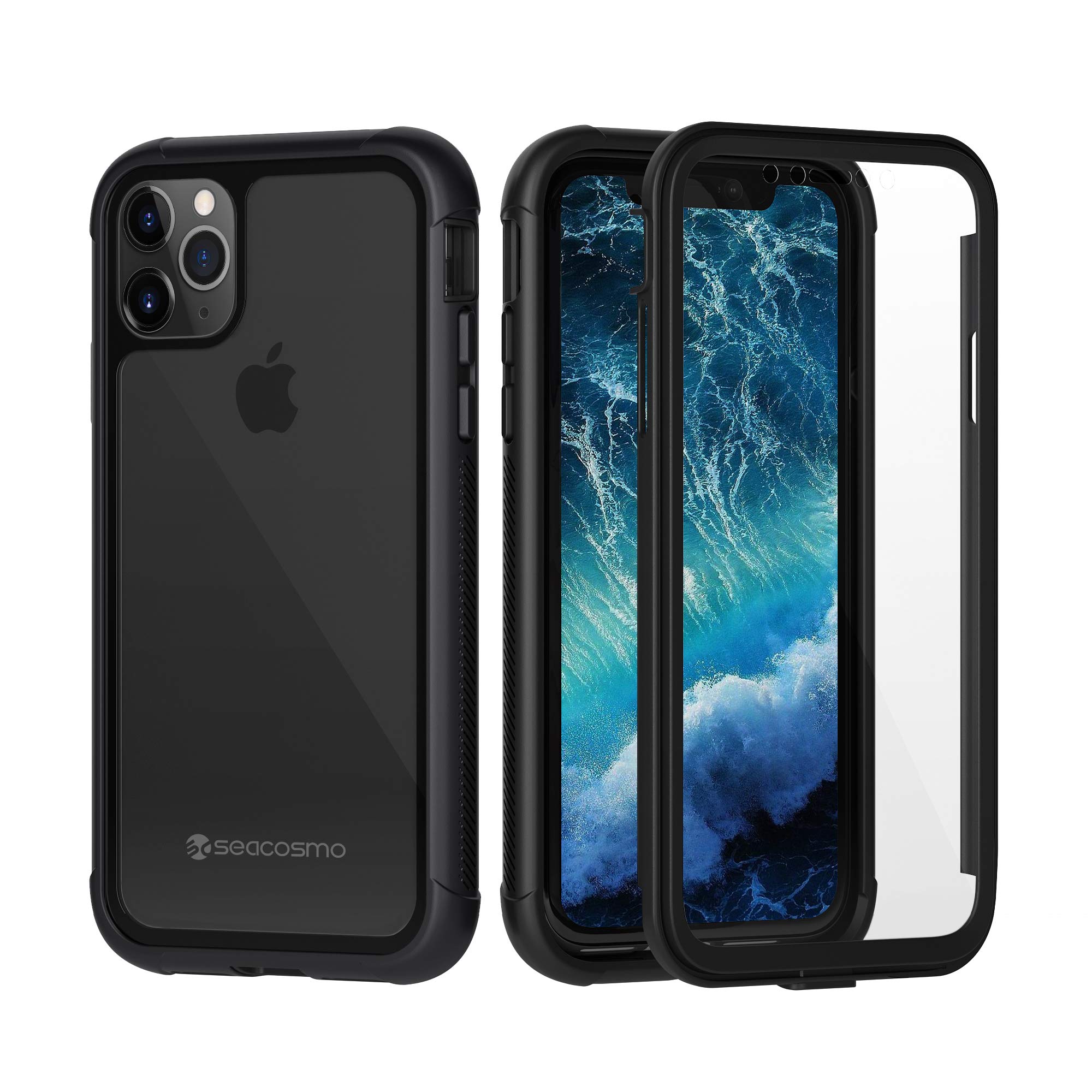 Seacosmo Shockproof iPhone 11 Pro Max Case with Built-in Screen Protector | Slim Fit Full Body Protective Cover | Black/Clear | Perfect for Outdoor Activities & Daily Protection