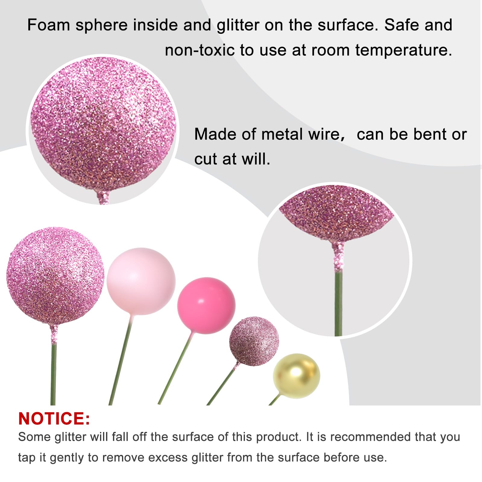 ASTARON 50 Pcs Pink Ball Cake Toppers - Mini Balloon Sticks for Cake Decorating, Foam Ball Cake Decorations - Perfect for Baby Shower, Birthday Party, Wedding Cake Toppers & Dessert Table Decor