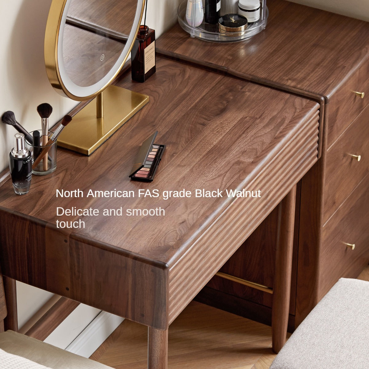 Premium Black Walnut Solid Wood Dressing Table Set with Mirror - Elegant Vanity Desk for Bedroom, Makeup & Beauty Organization
