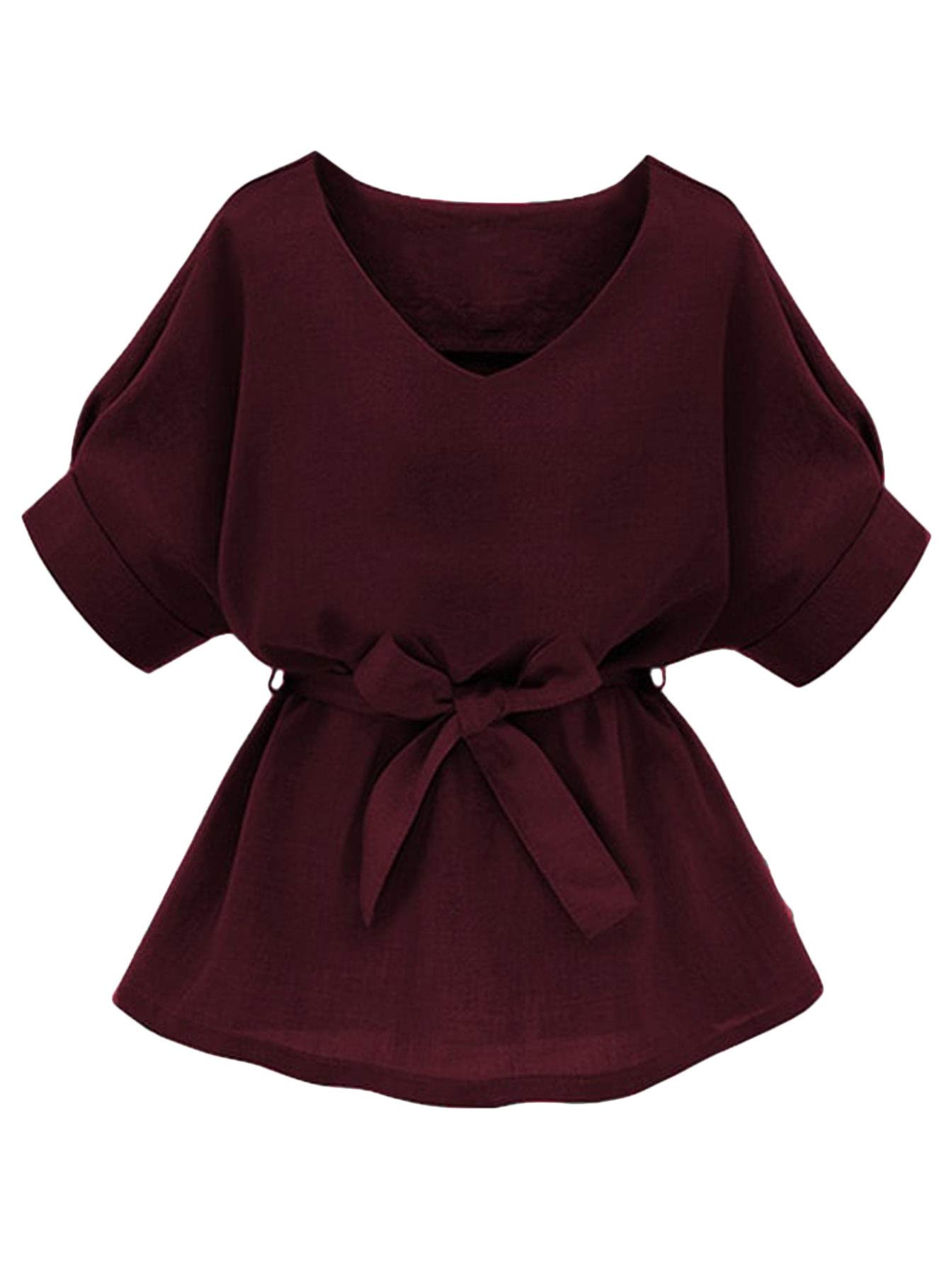 Milumia Women's Casual V-Neck Self-Tie Short Sleeve Blouse Tunic Top | Office Work & Summer Outfit Essential