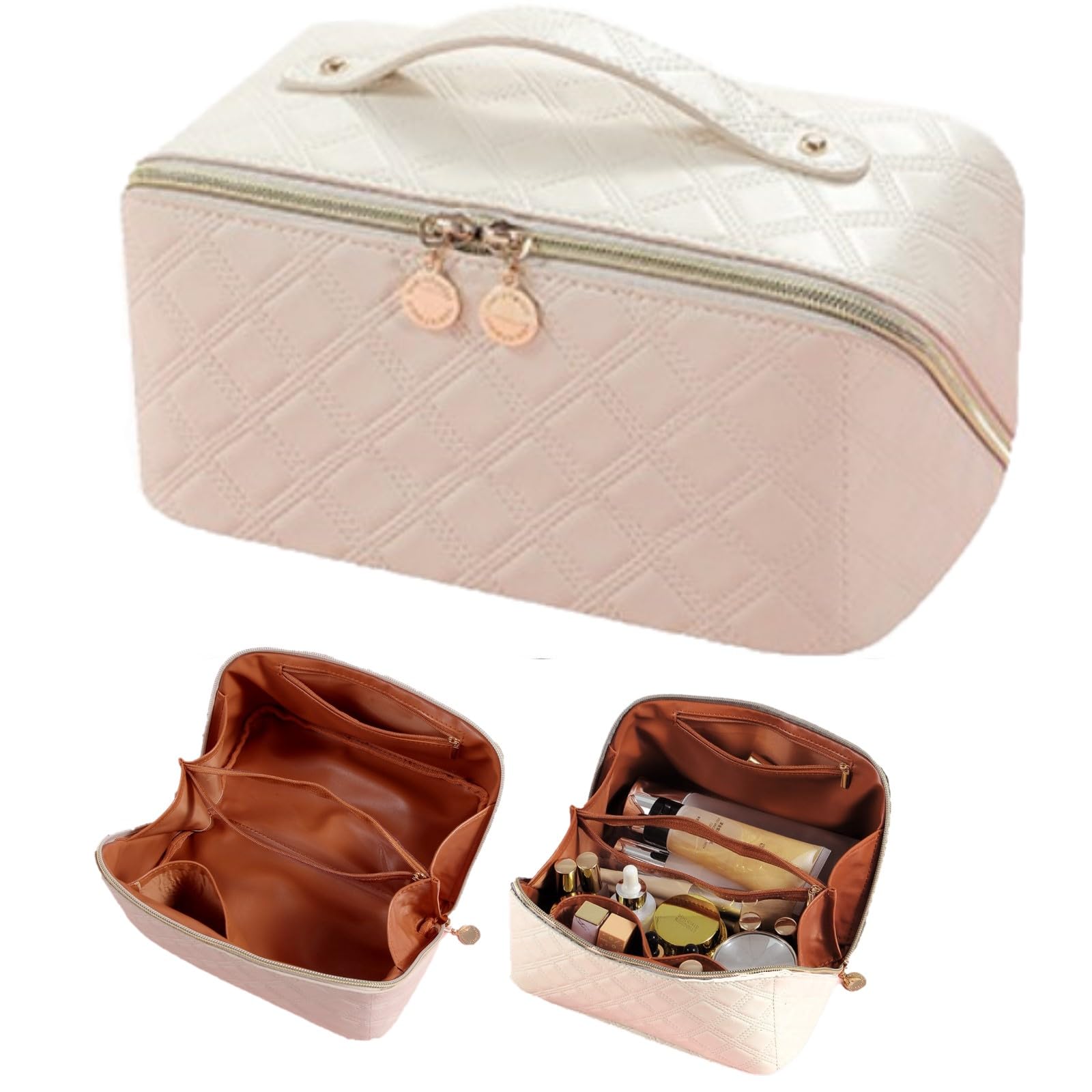 Large Capacity Waterproof Travel Makeup Bag - PU Leather Cosmetic Organizer with Divider & Handle, Portable Toiletry Bag for Women | Perfect for Air Travel, Gym, Vacation & Daily Use (Apricot White)