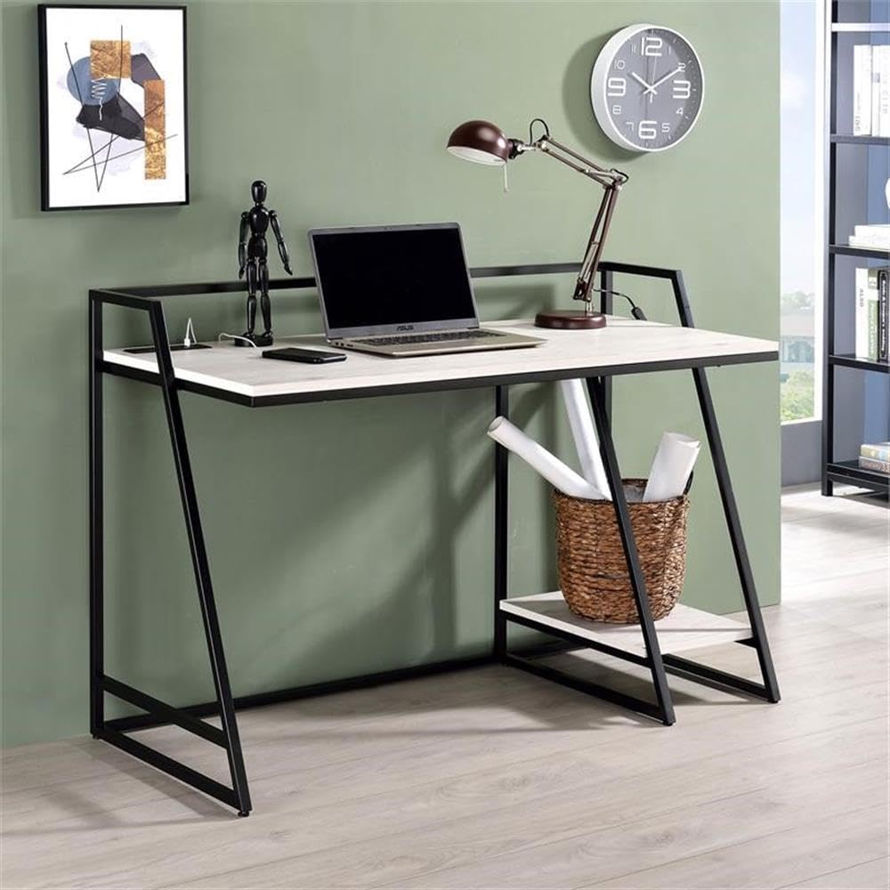 Furniture of America Sanue Metal Writing Desk with USB Port - Antique White Finish for Home Office, Study & Workspace