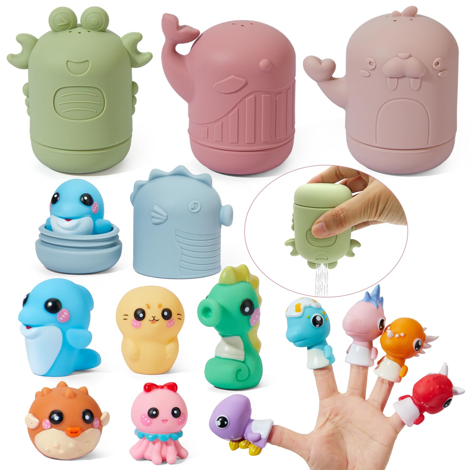 14 PCS Silicone Baby Bath Toys with Rubber Animal Finger Puppets - Safe, Easy to Clean Water Toys for Toddlers | Perfect Gift for Preschool Boys & Girls | Fun Bathtime Play & Early Learning