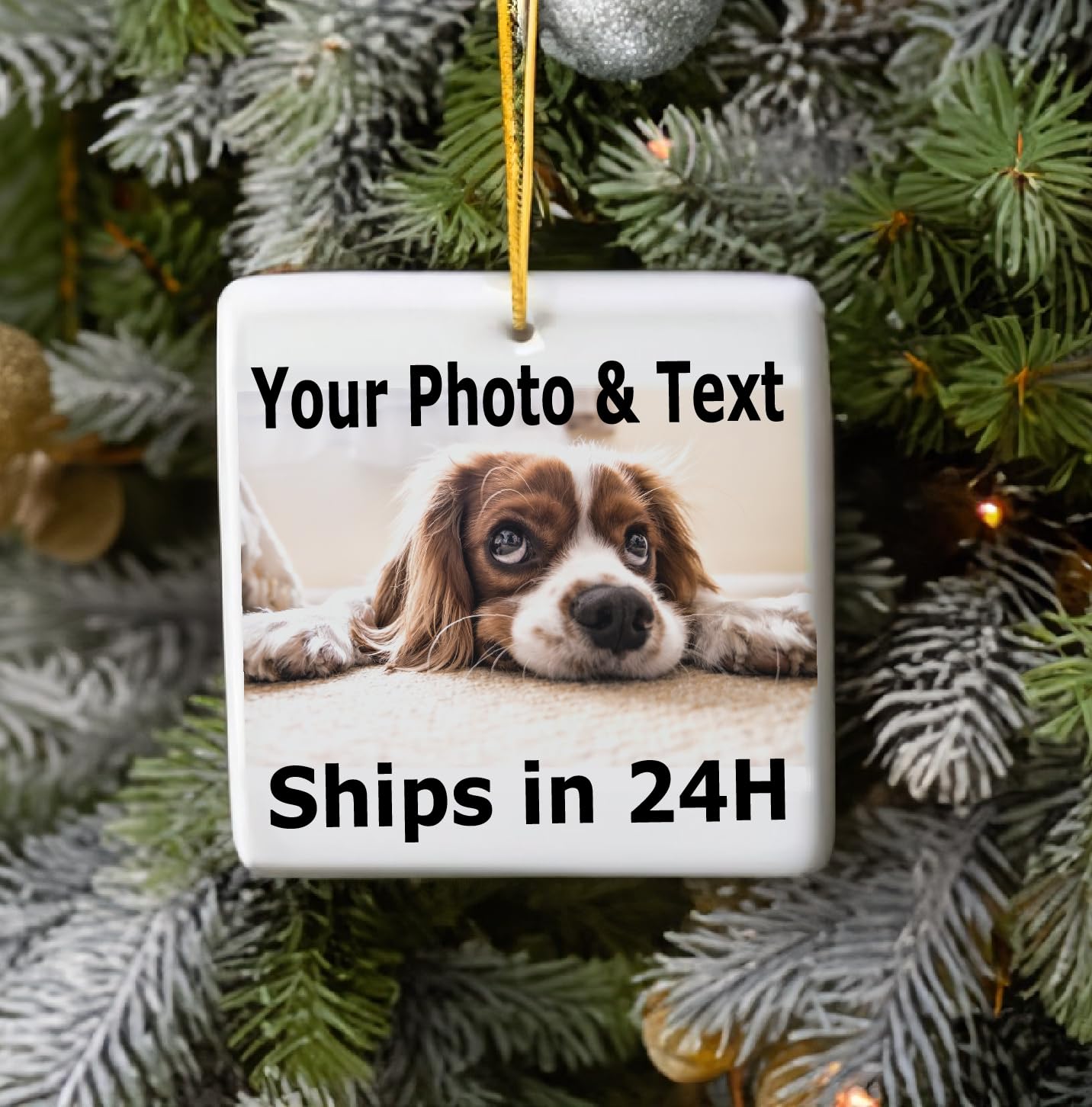 Custom Photo Ornament - Personalized Porcelain Ceramic Keepsake with Gold String & Gift Bag - Add Your Own Text, Art or Design - Perfect for Christmas, Weddings & Family Gifts (Square Shape)