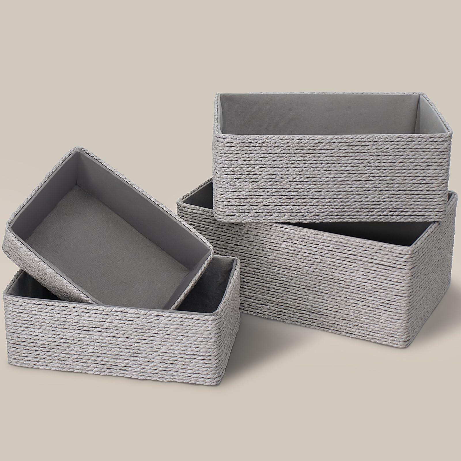 PROLAND 4-Pack Recycled Wicker Storage Baskets - Grey Woven Paper Rope Organizing Bins for Shelves, Cupboards & Drawers | Perfect for Home, Office & Nursery Organization