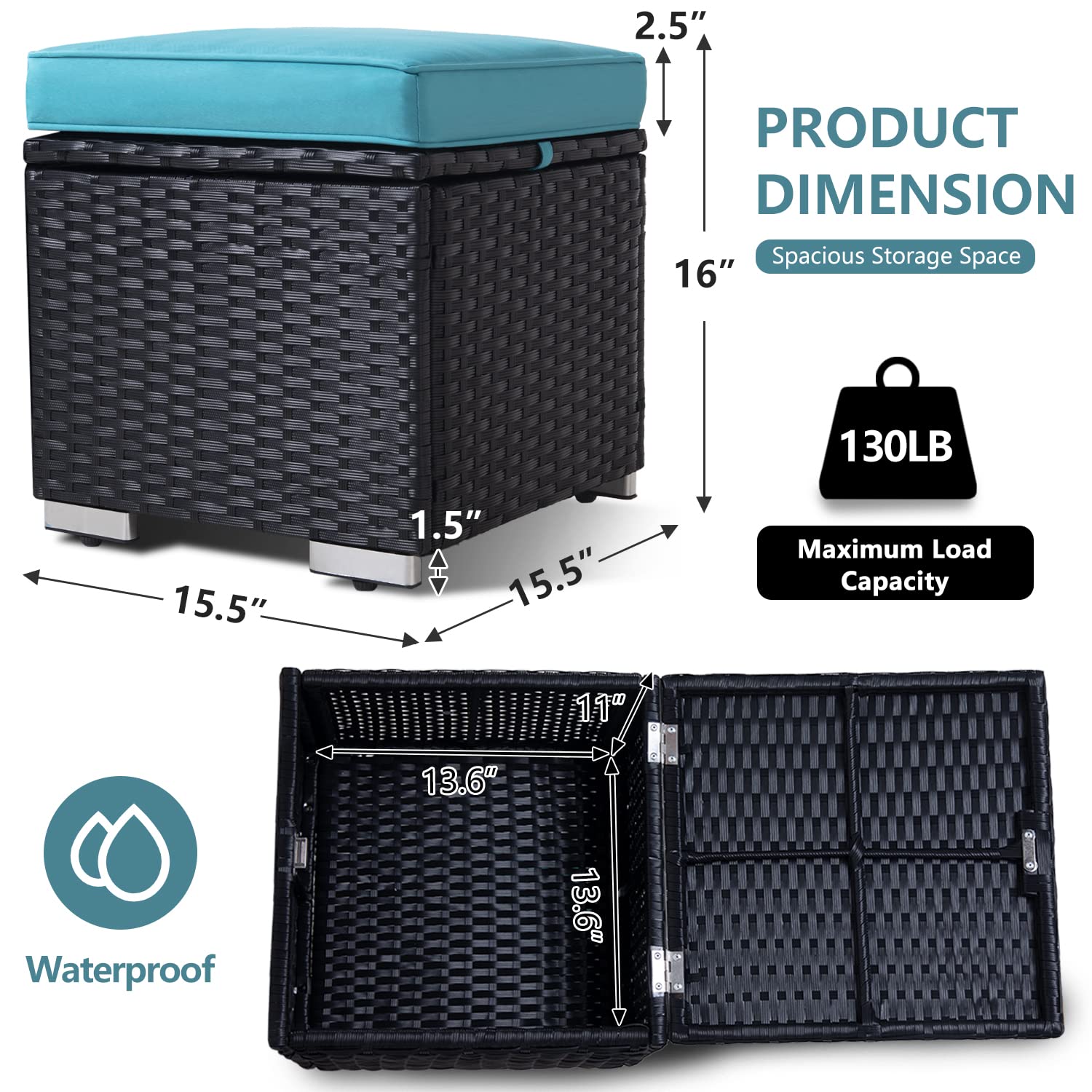 2-Piece Outdoor Rattan Ottoman Set with Storage & Removable Cushion - Waterproof Wicker Footstool for Patio, Balcony, Poolside - Perfect for Relaxing in Backyard, Garden or Living Room (Black)