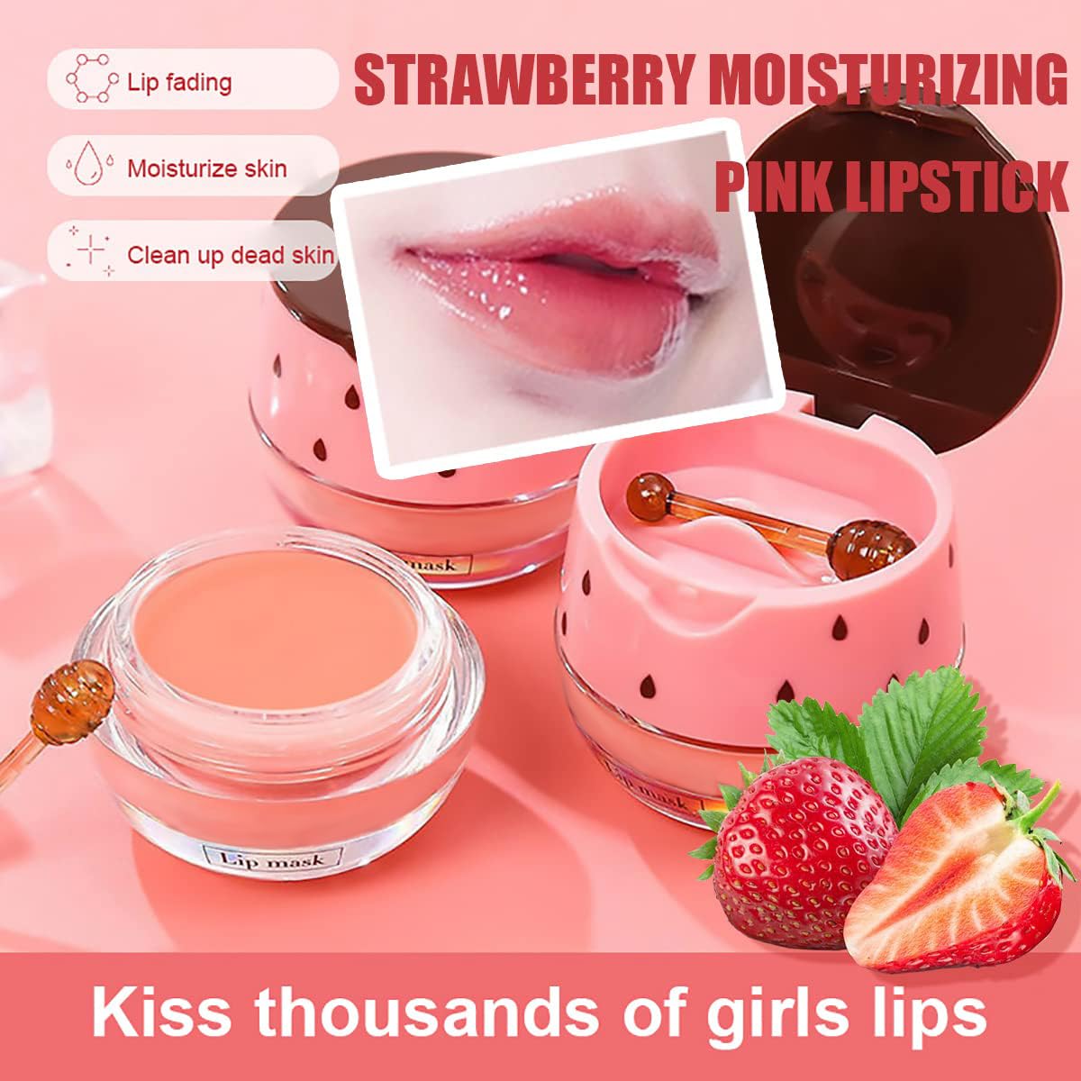 4PCS Strawberry & Bee Lip Balm Honey Pot - Vitamin E & Propolis Sleeping Lip Mask for Dry, Cracked Lips - Reduces Lip Lines & Exfoliates - Perfect for Nighttime Lip Care & Hydration