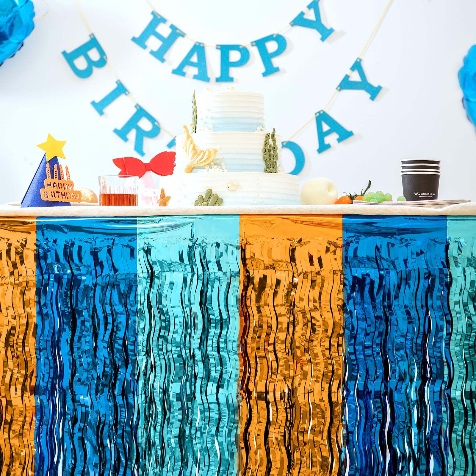 Blue Dog Birthday Party Decorations - 6ft/8ft Wavy Blue & Orange Metallic Tinsel Foil Fringe Table Skirt for Square/Round Tables (2 Pack, 29x108 Inches) | Perfect for Blue Dog Themed Parties, Baby Showers & Pet Celebrations