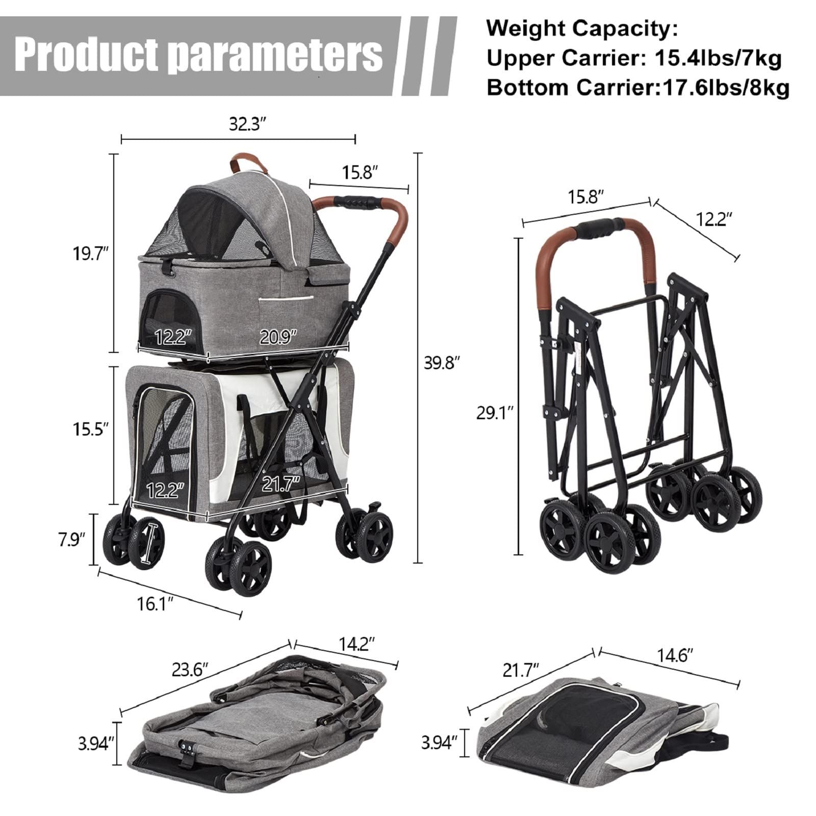 Premium 2-in-1 Pet Stroller for Small Dogs & Cats - Double Pet Carrier with Detachable Jogging Wheels, Safety Belt & Storage Pockets | Perfect for Outdoor Walks, Jogging, Vet Visits & Shopping Trips (Grey)