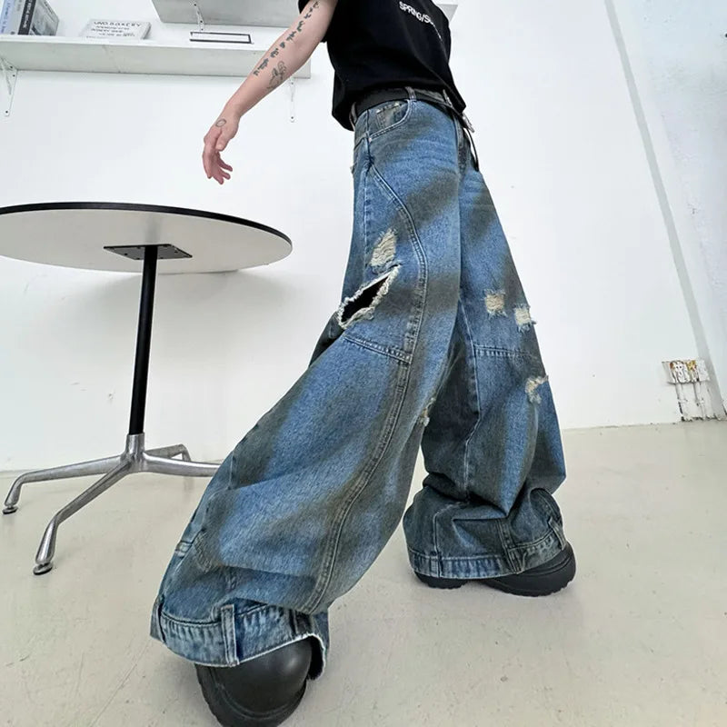 American Style Men's Jeans - Trendy Flip Design Wide Leg Distressed Denim Pants for Men | High Street Fashion | Casual Wear, Street Style & Everyday Outfits (Model 9C7025)