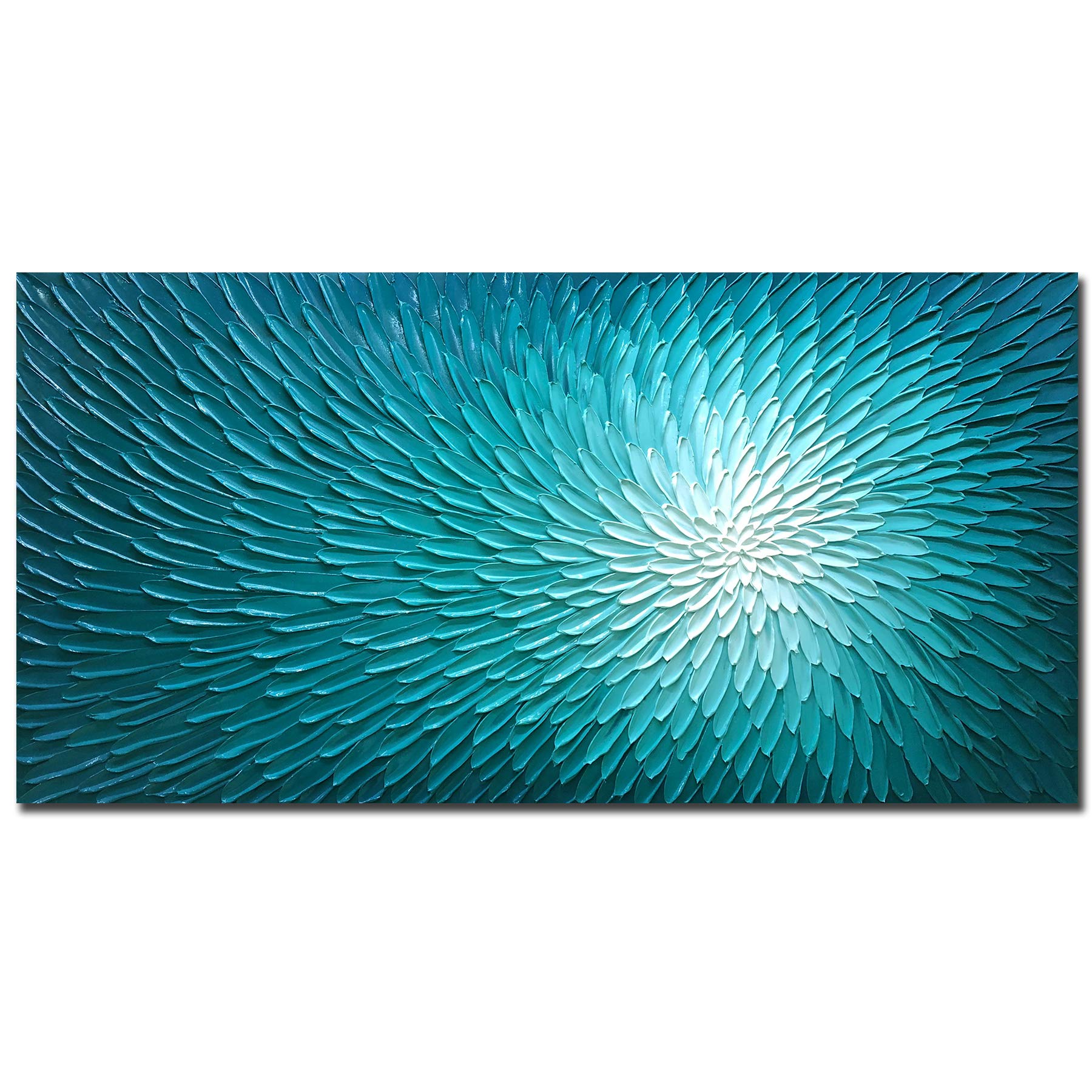 AMEI Art - 24x48 Inch Hand Painted Abstract Teal Blue Textured Oil Painting Floral Canvas Artwork | Acrylic Wall Decor with Wood Frame | Ready to Hang | Perfect for Living Room, Bedroom & Office Decor